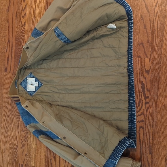 Vtg Blue Denim Tan Canvas Varsity Chore Bomber Jacket with Ribbed Details Sz L - Picture 9 of 11